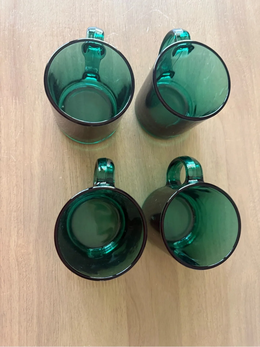 Vintage MCM emerald glass clear glass mugs (set of 4)